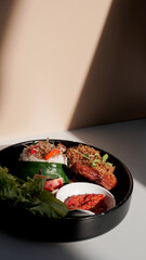 indonesian dish, Nasi Putih Ayam goreng Serundeng, or white rice with fried chicken with fried crispy grated coconut meal and sambal