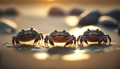 Macro shot of cute crabs on sand with light bokeh background, Generative Ai - obrazy, fototapety, plakaty