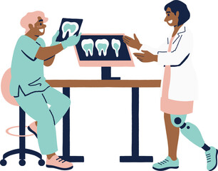 Vector illustration of an orthopedic surgeon examining a patient's x-ray.