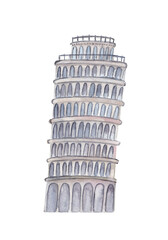 Pisa tower Italian landmark Watercolor architecture illustration Png clipart Printable cut file, scrapbook, souvenir, greeting card, invitation, travel journey