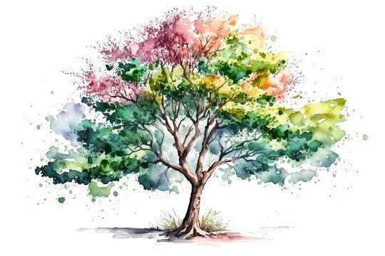 Colorful watercolor tree isolated on white, illustration generative AI