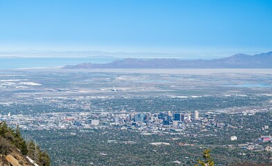 Beautiful shot of Antelope Island, SLC International Airport on a bright and sunny day