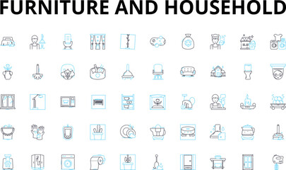 Fototapeta na wymiar Furniture and household linear icons set. Sofa, Bed, Chair, Table, Cabinet, Ottoman, Lamp vector symbols and line concept signs. Rug,Pillow,Bookshelf illustration