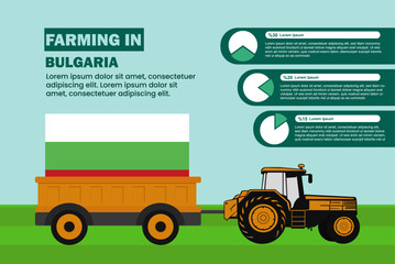 Farming industry in Bulgaria, pie chart infographics with tractor and trailer