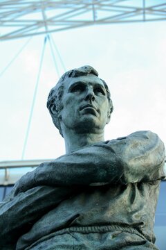 Statue base of England Football Captain Bobby Moore outside Wembley Stadium, London