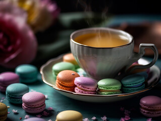 Obraz na płótnie Canvas Cup of tea with steam rising, surrounded by a beautifully arranged assortment of pastel-colored macarons.