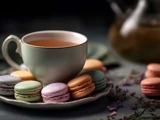 Fototapete Rund Cup of tea with steam rising, surrounded by a beautifully arranged assortment of pastel-colored macarons. © Melipo-Art