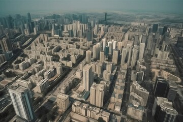 Fototapeta na wymiar Top View of Business Cityscape with Tall Buildings and Skyline Tower in Drone Shot