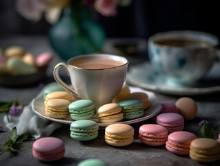 Cup of tea with steam rising, surrounded by a beautifully arranged assortment of pastel-colored macarons.