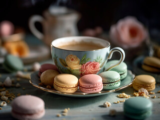 Fototapeta na wymiar Cup of tea with steam rising, surrounded by a beautifully arranged assortment of pastel-colored macarons.