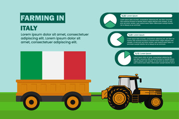 Farming industry in Italy, pie chart infographics with tractor and trailer