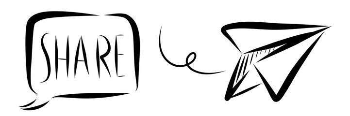 Share button with paper glider plane illustration vector graphic hand drawing