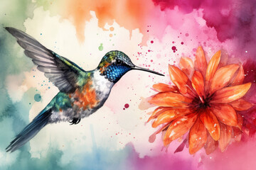 Use bold and bright colors to create a visually striking watercolor scene of a hummingbird and a flower