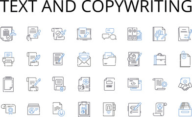 Text and copywriting line icons collection. Wordsmithing, Writing, Scripting, Authoring, Composing, Penning, Drafting vector and linear illustration. Crafting,Redaction,Eloquence outline signs set