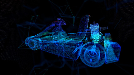 Karting car. Blue particle and lines form 3d model Kart.