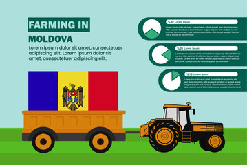 Farming industry in Moldova, pie chart infographics with tractor and trailer