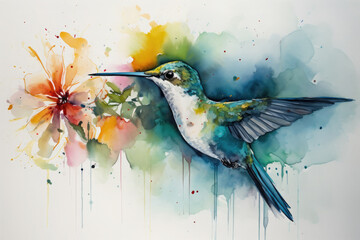 Use negative space and contrasting colors to create an interesting and dynamic watercolor painting of a hummingbird and a flower