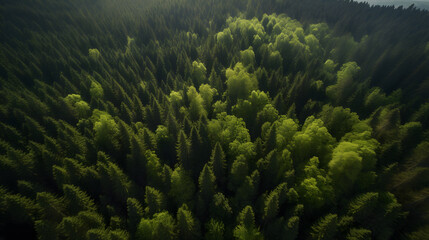 Fototapeta na wymiar An aerial shot of a lush green forest, with trees stretching as far as the eye can see.