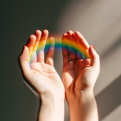 Two Caucasian hands holding a rainbow © eli