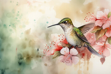 Capture the peaceful and serene nature of a hummingbird sipping nectar from a delicate flower in a watercolor painting that evokes a sense of tranquility and calm