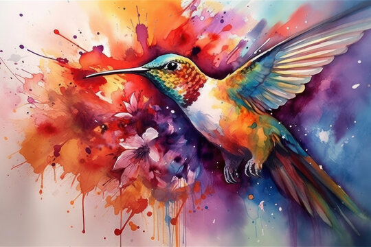 Create a detailed watercolor painting of a hummingbird hovering near a blooming flower, with bright and bold colors capturing the energy and movement of the scene