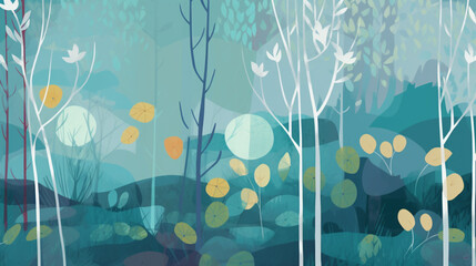 Abstract illustration. Group of green leaves sitting on top of trees in a forest