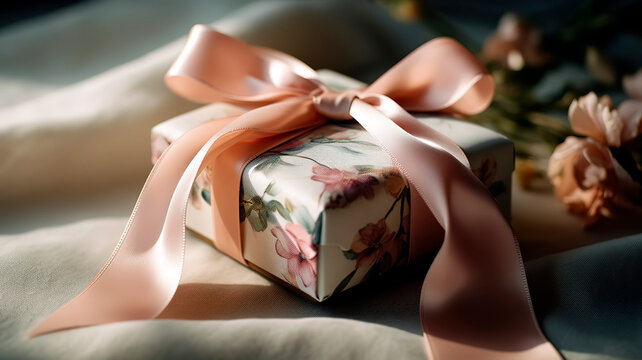 Beautifully wrapped Mother's Day gift, adorned with a delicate satin bow and placed on a soft, textured fabric.
