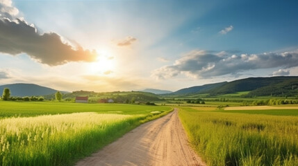 road that leads to an empty grassy field under a bright sun
