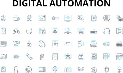 Fototapeta na wymiar Digital automation linear icons set. Robotics, Automation, Artificial Intelligence, Machine Learning, Workflow, Efficiency, Streamlining vector symbols and line concept signs. Digitization