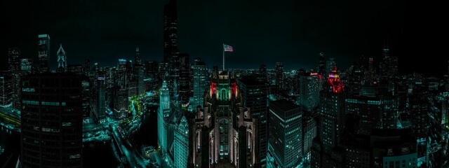 Aerial view of the Chicago skyline illuminated at night