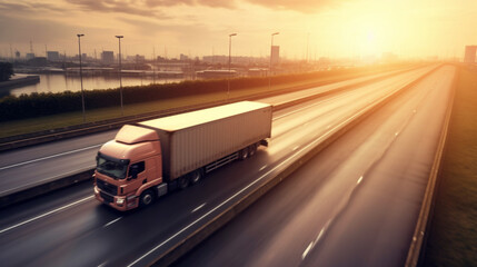 image of a truck traveling on the highway at sunset. logistic business