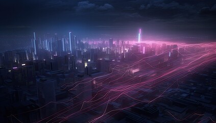 Captivating Light Rays in a Bright Pattern Illuminate a Darkened Cityscape - generative ai