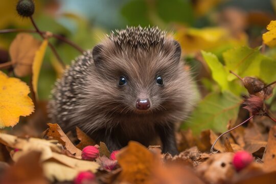 baby hedgehog surrounded by pile of leaves, with wildflowers in the background, created with generative ai