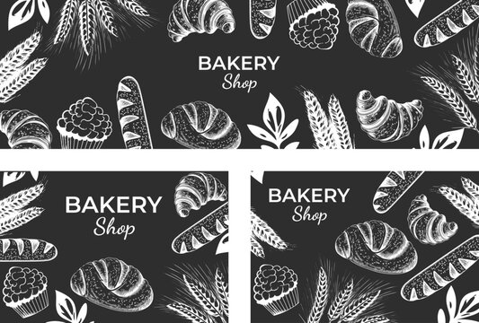 Vector drawing in vintage style, bread, ears of wheat, pastries, croissant. Design for banner, poster, flyer. Vector elements on the theme of baking.