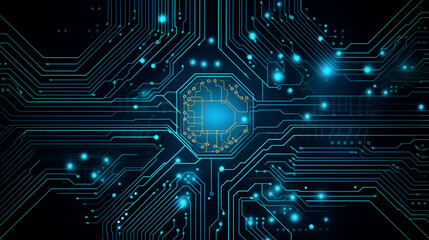 digital electronic circuit board with blue lights and connections to it