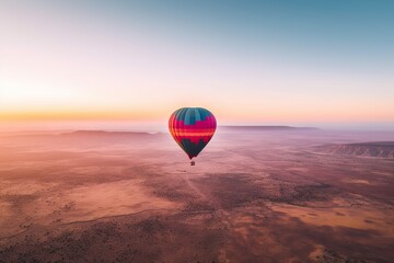 Fototapeta premium A colorful hot air balloon hovering over a vast landscape below
