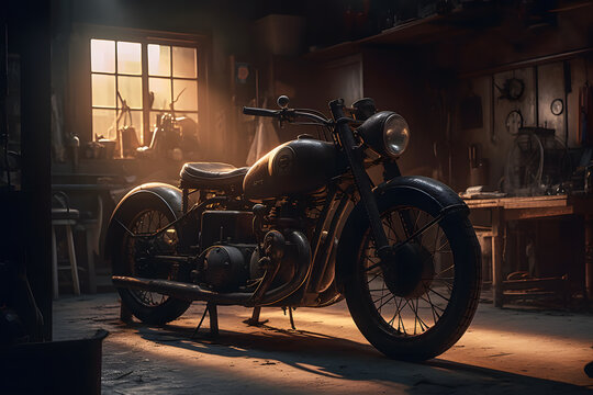 Old vintage motorcycle in the garage. Neural network AI generated art