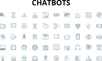 Fototapeta na wymiar Chatbots linear icons set. Automation, Conversation, Interaction, Intelligence, AI, Assistance, Engaging vector symbols and line concept signs. User-friendly,Personalization,Simplicity illustration