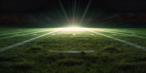 the green grass is illuminated by beams of light at an american football field,