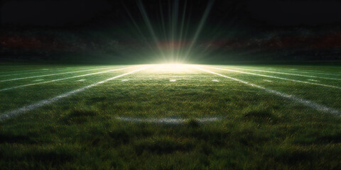 the green grass is illuminated by beams of light at an american football field,
