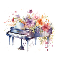 Piano Watercolor Illustration, transparent background PNG, with Generative AI technology