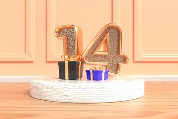 Luxurious birthday banner number 14 gold designs with golden accents and gift motifs