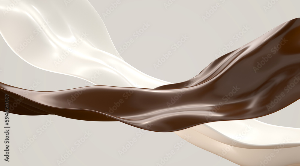 Poster chocolate and milk waves on abstract background 3d render. streams of white and brown liquids with g