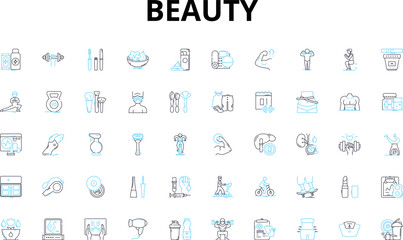Beauty linear icons set. Radiant, Glamorous, Flawless, Stunning, Alluring, Gorgeous, Elegant vector symbols and line concept signs. Timeless,Charming,Exquisite illustration