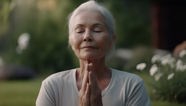 Generative ai illustration of close up of senior woman meditating in backyard