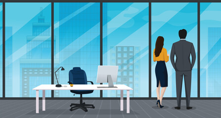 Business Man and woman looking out through the glass window from office building. Perfect scene for videos, promotional marketing projects or anything related to corporate world. workstation with pc.
