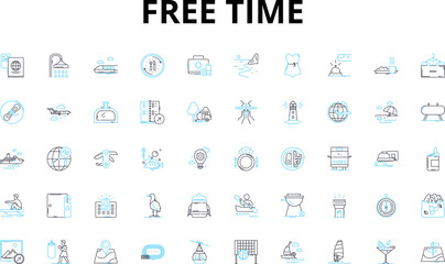 Free time linear icons set. Leisure, Relaxation, Hobbies, Pastimes, Recreation, Amusement, Entertainment vector symbols and line concept signs. Pursuits,Activities,Retreat illustration