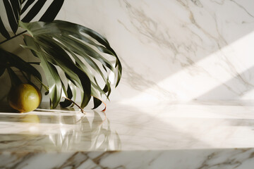 Elegant Marble Surface, Sunlit Palm, Luxury Cosmetics Display, Spa Backdrop, Skincare Setting