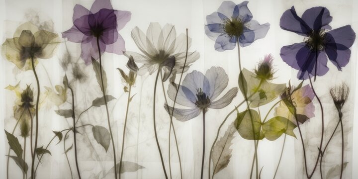 abstract vintage x-ray image of many type flowers isolated on white  background,generative ai.