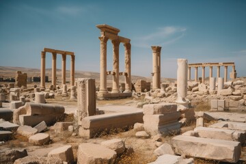 remains of a once-thriving civilization, with columns and statues lying in ruins, created with generative ai